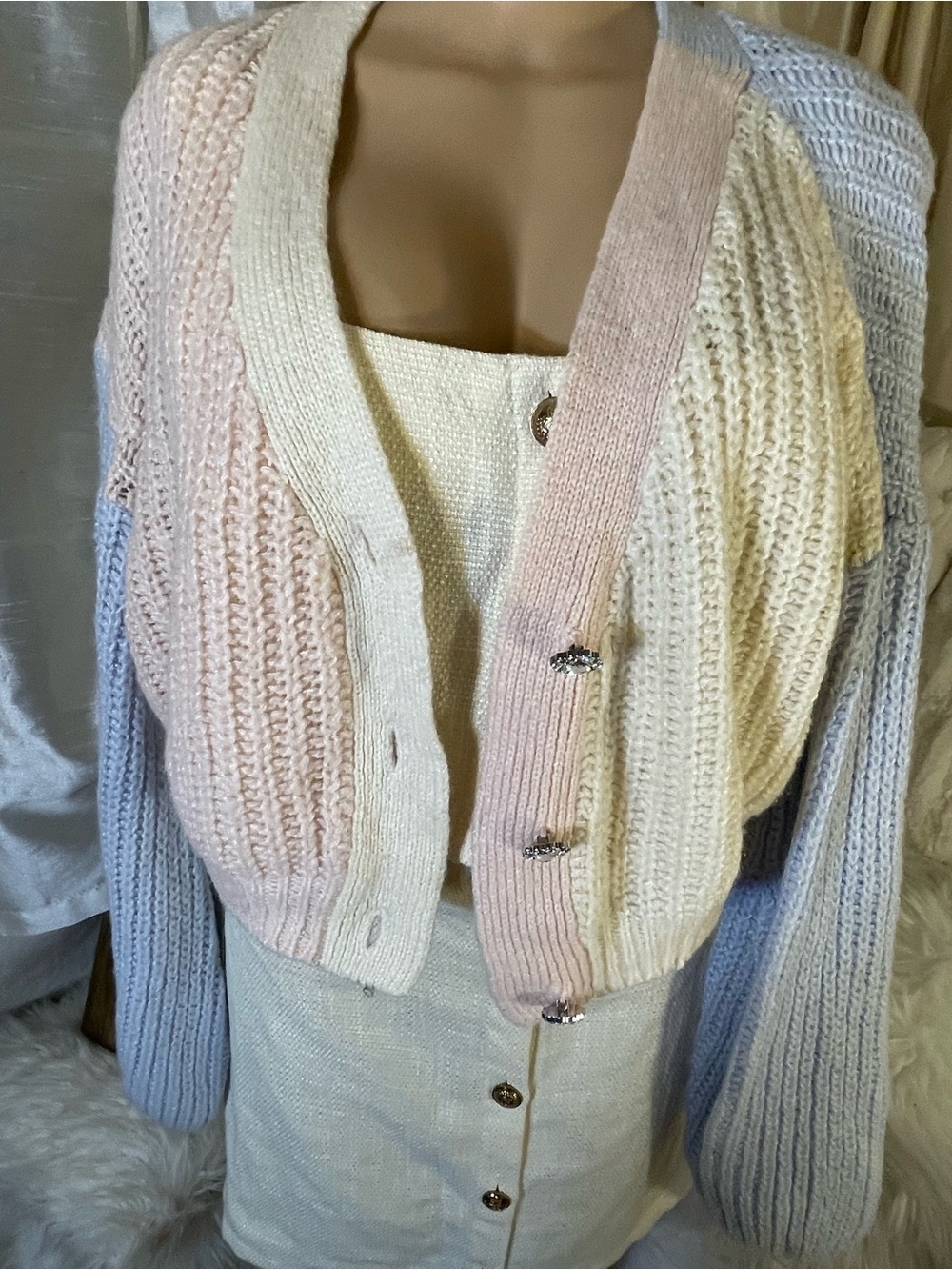 linen Material Cream Button-Front Mini Skirt & sweater w/ Diamonds Set 2x